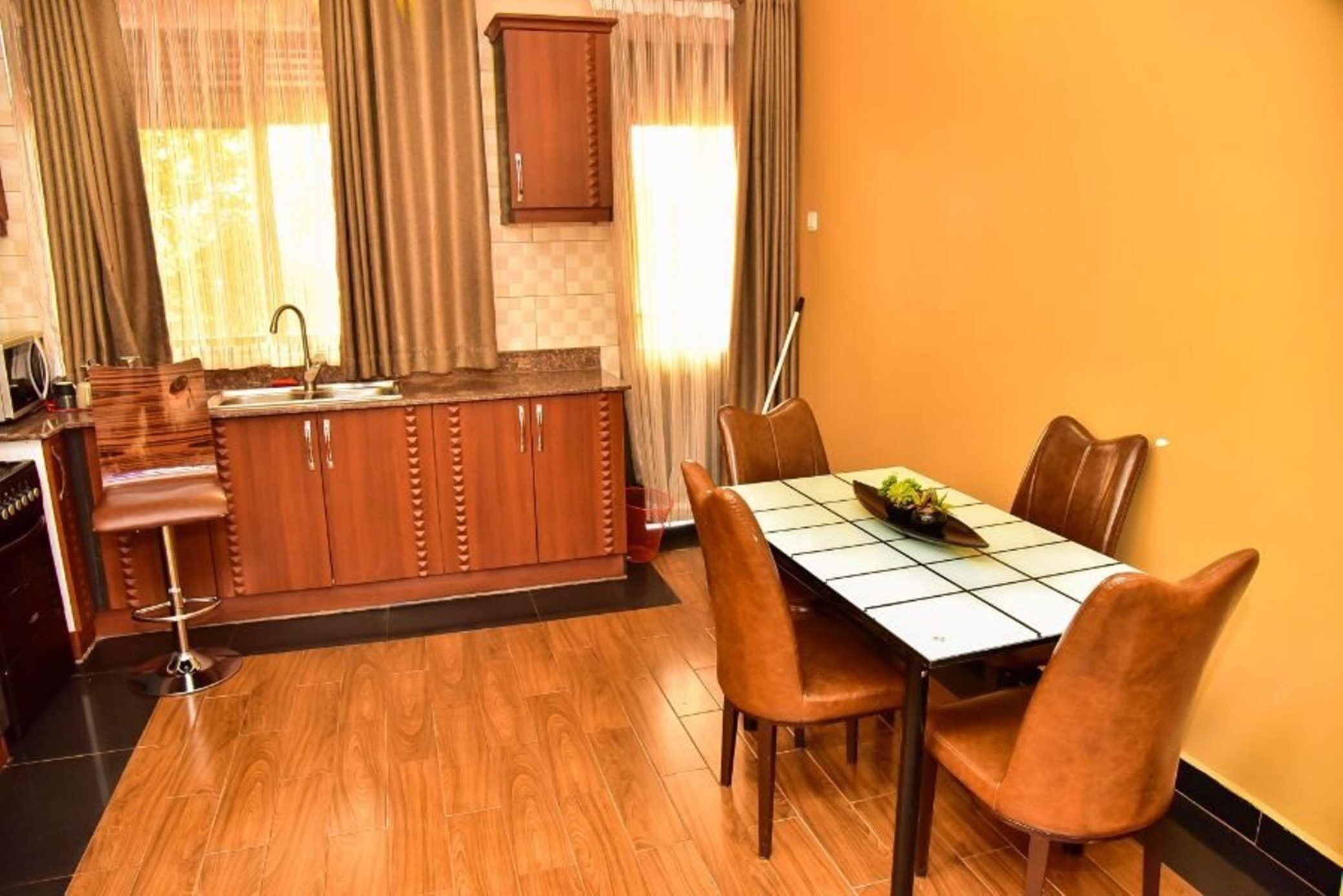 Fridge, microwave, toaster, cookware/dishes/utensils