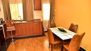 Fridge, microwave, toaster, cookware/dishes/utensils