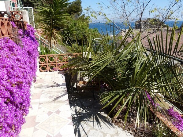 A pathway with a tiled floor, surrounded by purple flowers and palm trees, leading to a view of the sea. - Le cabanon des pêcheurs (Ensuès-la-Redonne)