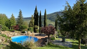 Un jardin avec une piscine, un chemin de pierre et une vue sur une colline boisée.