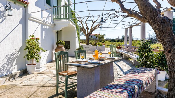 A patio with a table set for dining, surrounded by chairs and potted plants.