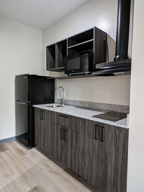 Full-size fridge, microwave, stovetop, freezer - Crystal Inn Jacinto City (Houston)