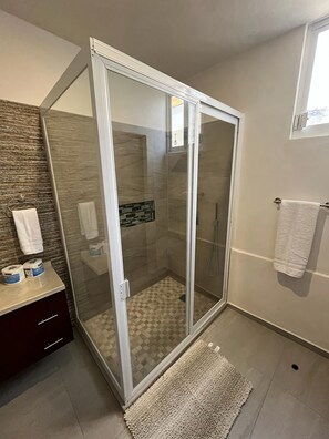 Shower, hair dryer, towels, soap