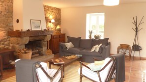 TV, caminetto, libri