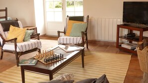 TV, fireplace, books