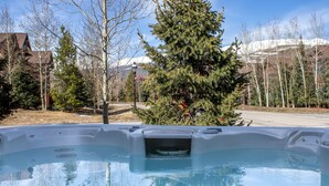 Una vasca idromassaggio in giardino con vista su una montagna innevata e un pino.