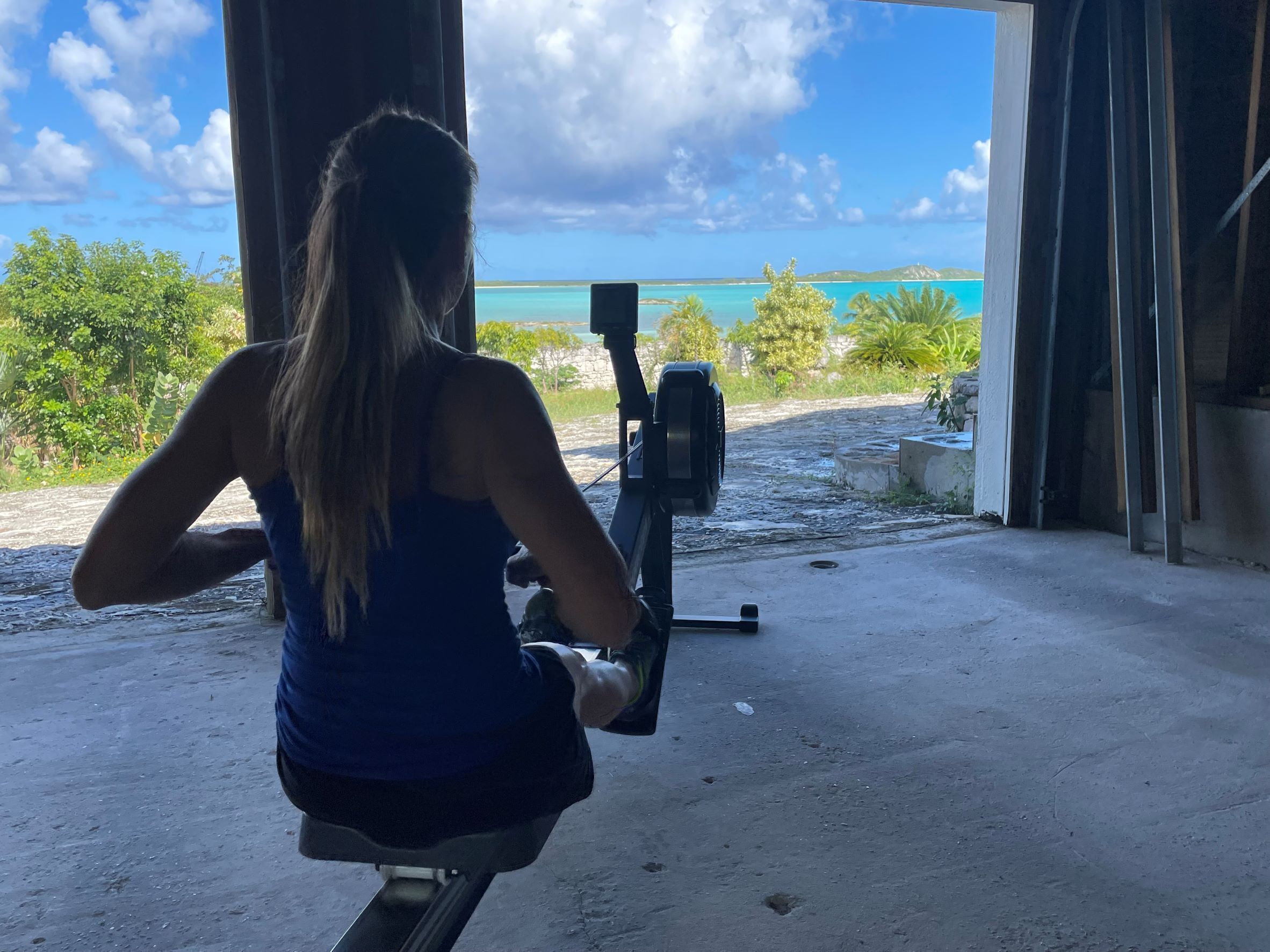 A person using an exercise machine with a view of a beach and ocean.