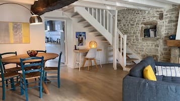 Een televisie, een open haard, een dvd-speler en boeken