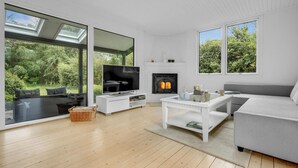 A modern living room with a fireplace, large windows, and a TV. - 2 bedroom cozy home in Dronningmølle (Dronningmølle)