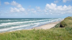 Un paysage côtier avec une plage, des zones herbeuses et l’océan, sous un ciel partiellement nuageux.