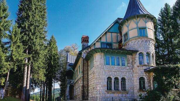 Un edificio histórico de piedra con torreta, rodeado de altos árboles.