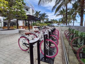 Varias bicicletas con llantas rosadas estacionadas en un área pavimentada, rodeadas de palmeras y un edificio con un letrero.