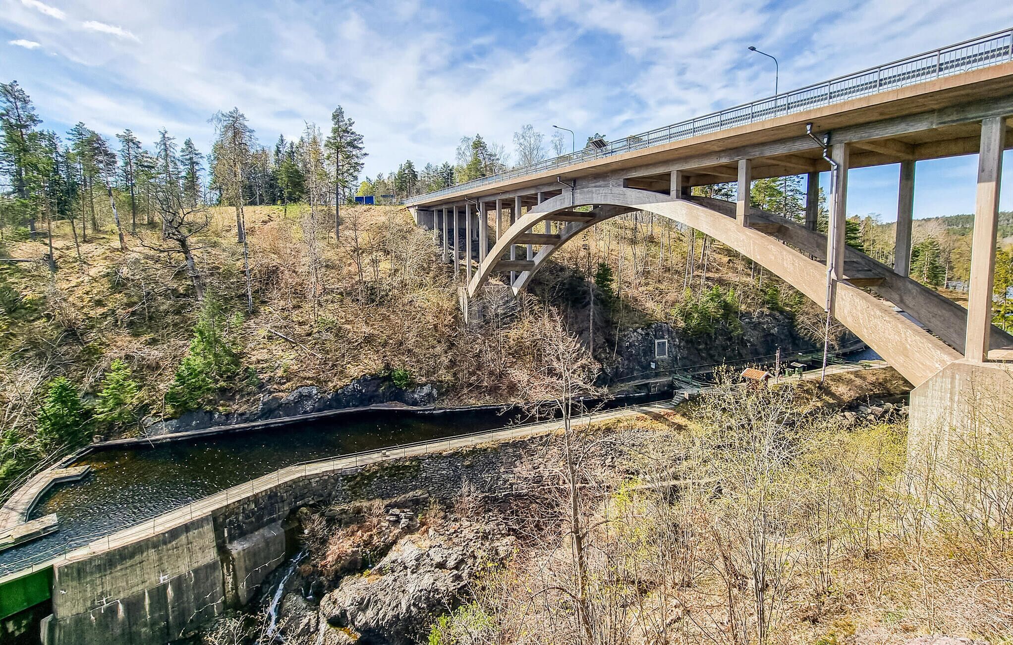 Un puente de hormigón con arco sobre un lecho rocoso de río, rodeado de árboles y vegetación.
