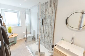 Shower, hair dryer, towels, toilet paper