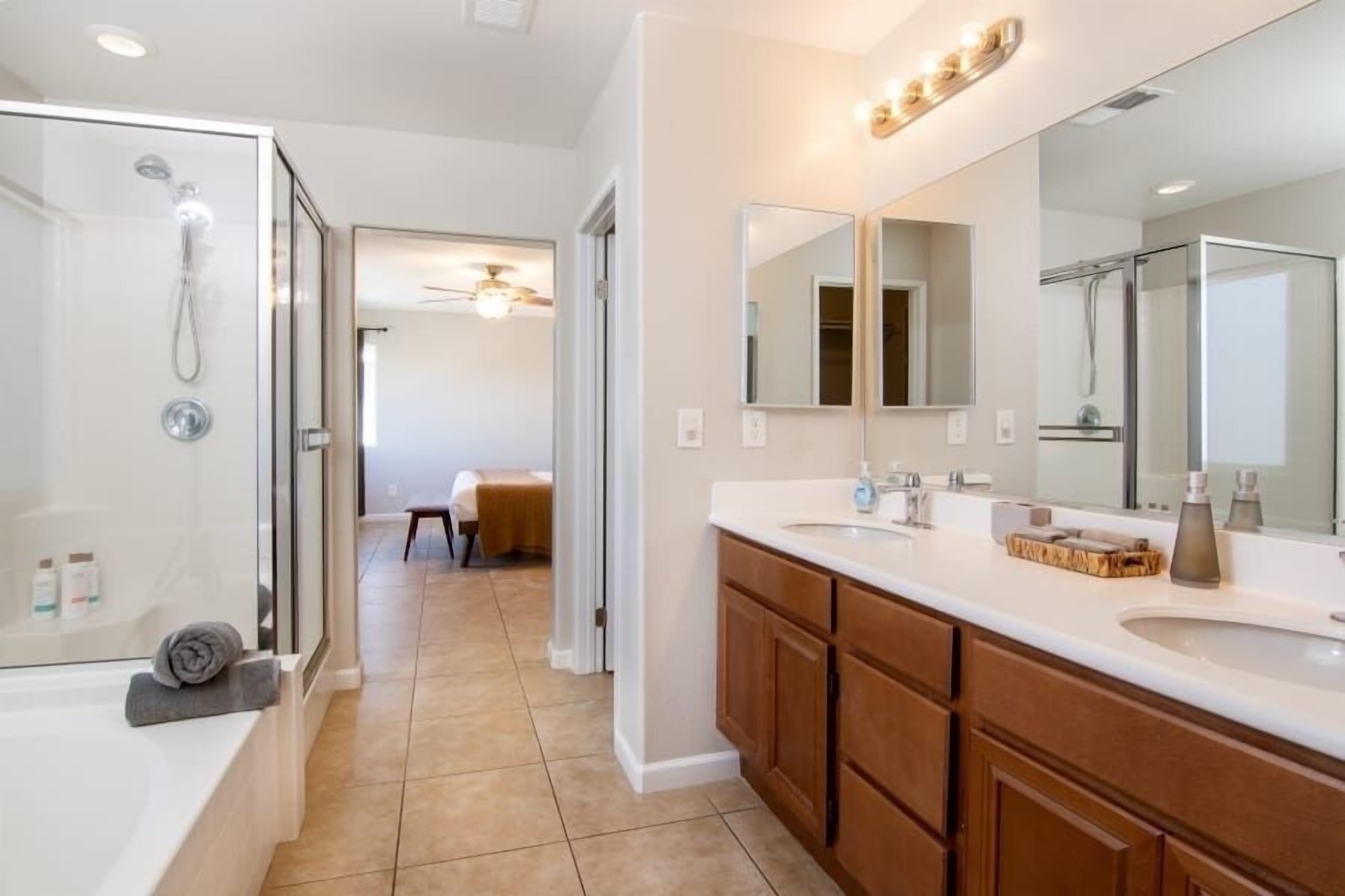 Combined shower/tub, hair dryer, towels, soap