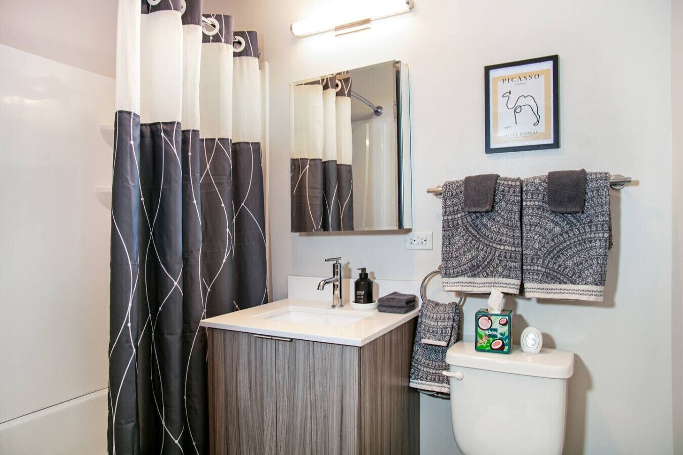 Combined shower/tub, hair dryer, towels
