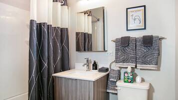 Combined shower/tub, hair dryer, towels