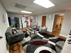 Smart TV, fireplace, foosball, table tennis