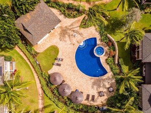 An aerial view of a resort with a swimming pool, lounge area, and palm trees.