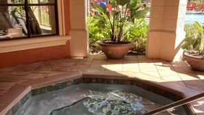 Zona de hidromasaje con piso de baldosas, piscina y plantas en macetas.