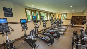A gym with various cardio machines, weight benches, and dumbbells. - Winter ‘27 Seasonal Available-Dog Friendly Chalet in the Woods + Pool, Mt. Snow (Wilmington)