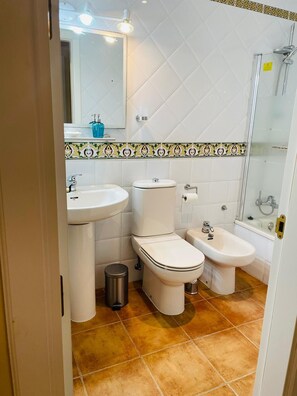 Combined shower/bathtub, bidet, towels