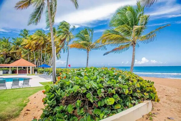 Beach nearby, sun loungers, beach towels