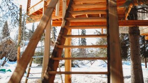 Eine hölzerne Außentreppe führt zu einer Holzterrasse, umgeben von Bäumen und Schnee.