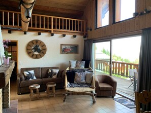 TV, fireplace, books