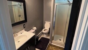 Een badkamer met een wit wastafelmeubel, spiegel en toilet, een douche met een visgraatmotief van tegels, en een donker vloerkleed.