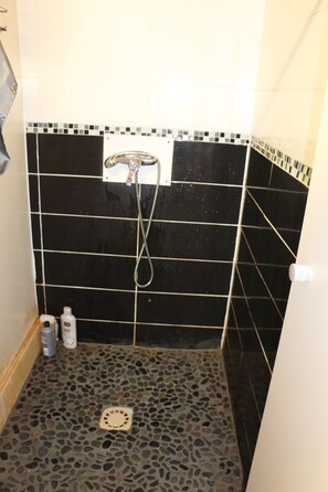 Douche, séchoir à cheveux, serviettes fournies, papier de toilette