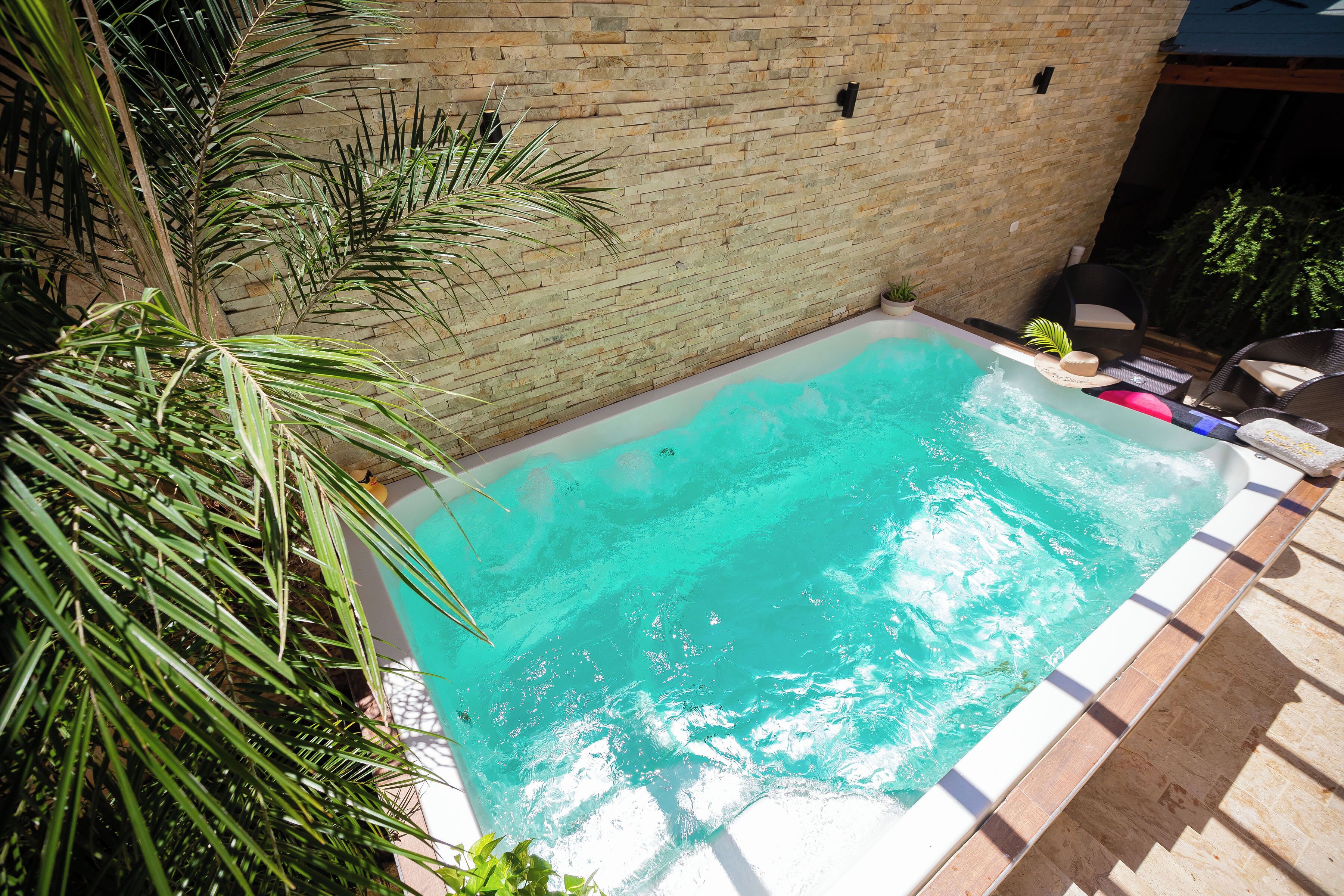 Una piscina con un muro de ladrillo y plantas en macetas.