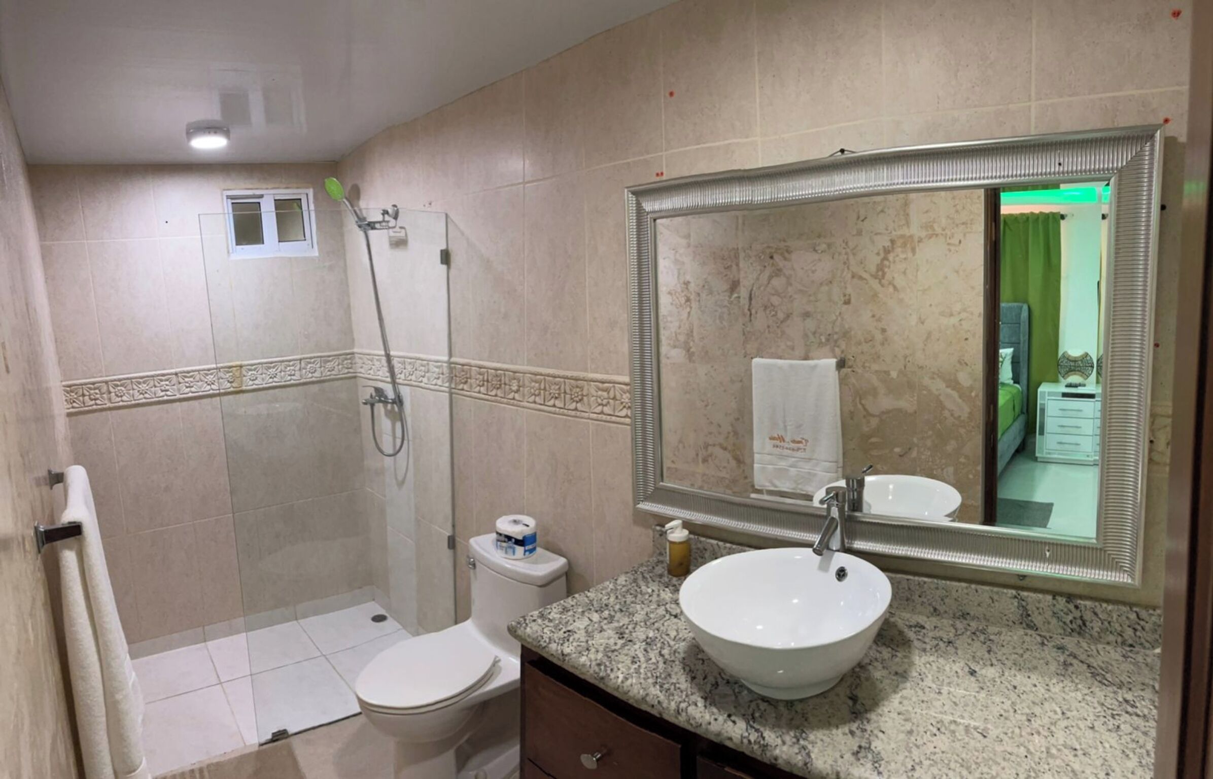 A bathroom with a shower, toilet, sink, and a large mirror.