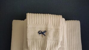 A neatly folded white towel with a blue bow on a dark surface. - Room-come and Visit Naples !! We Look fo (Naples)