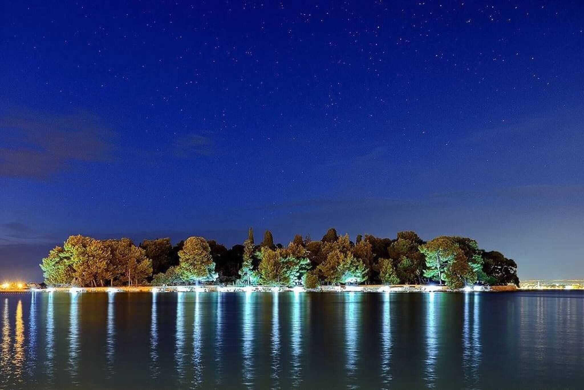 Vista noturna de uma área à beira de um lago, com árvores iluminadas refletindo na água.