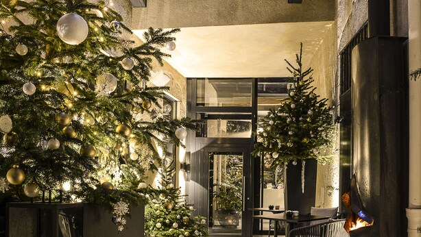 A glass-enclosed outdoor area with a Christmas tree, seating, and a fireplace. - Petit Hôtel Confidentiel (Chambery)