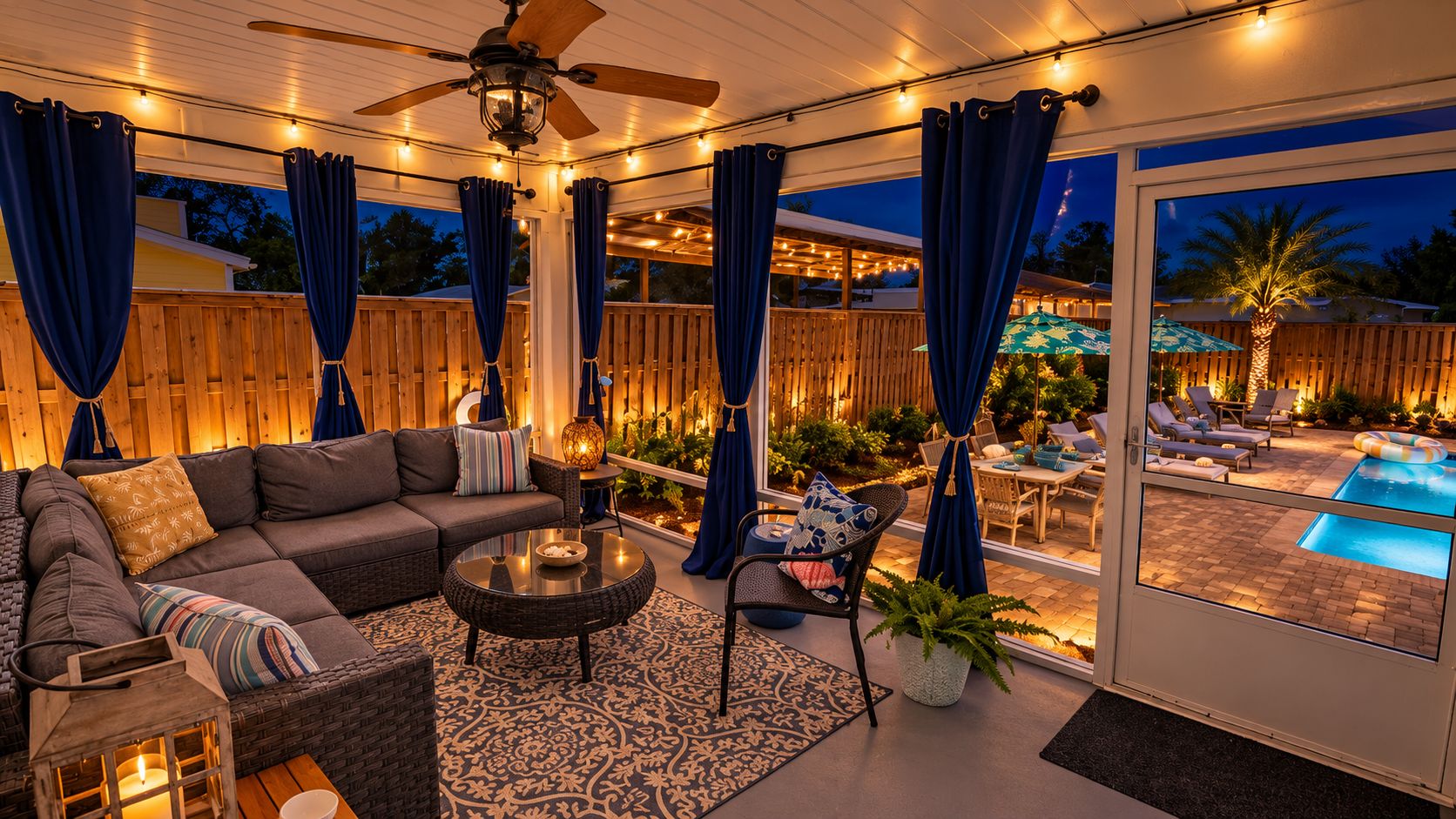 An outdoor living area with a sofa, coffee table, and chairs, a pool, and a view of the backyard.