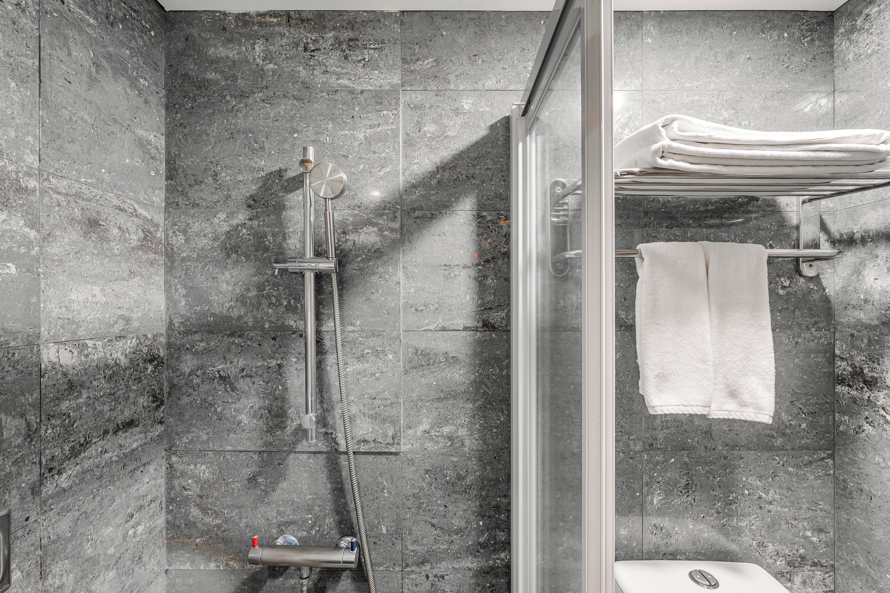 A modern bathroom with a glass-enclosed shower, a toilet, and a towel rack.