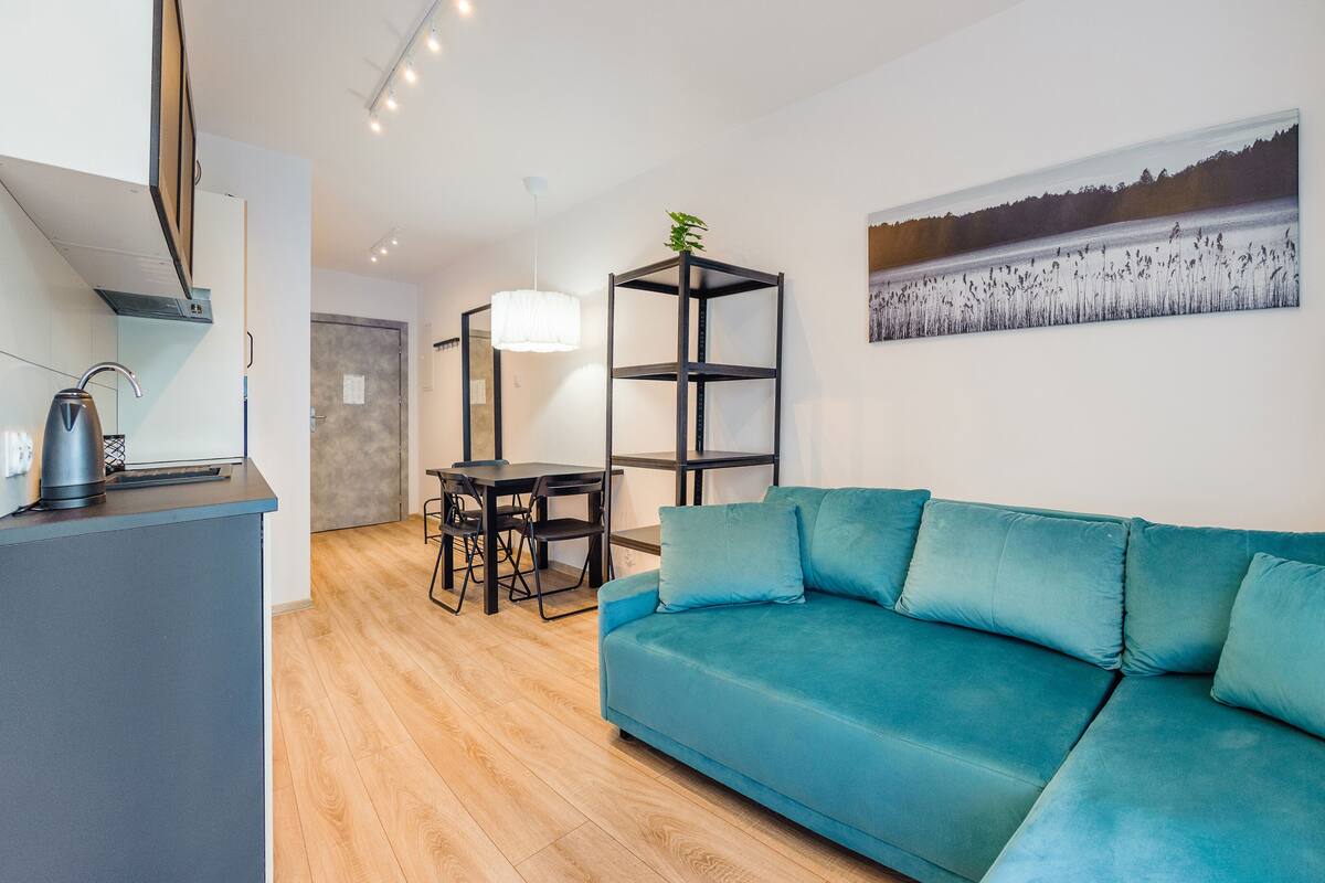 Un salon moderne avec un canapé de couleur turquoise, une table à manger avec des chaises, une étagère noire et un tableau accroché au mur.