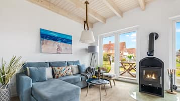 TV, fireplace, books