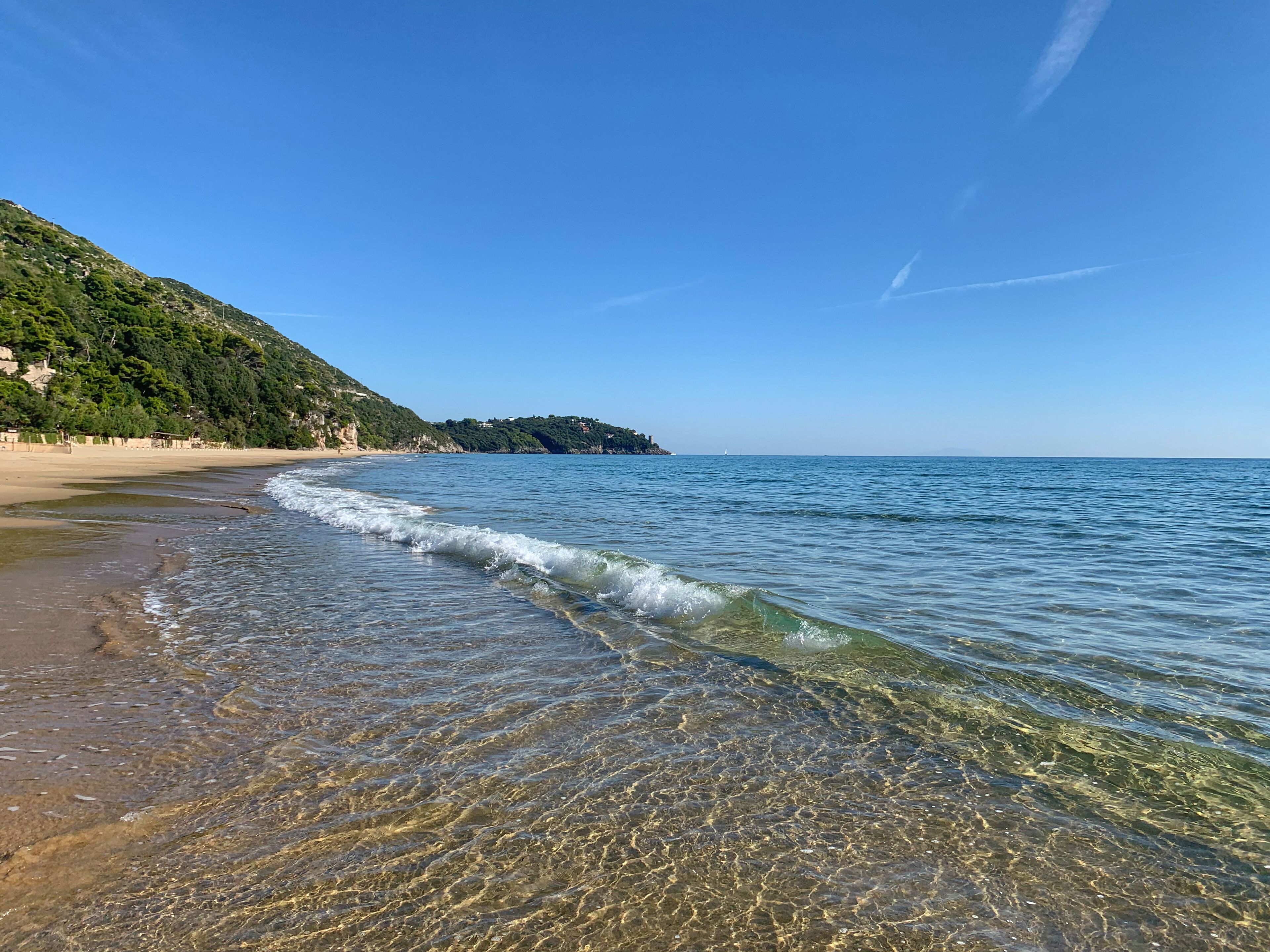 Uma praia com águas cristalinas e rasas, areal arenoso e uma colina arborizada ao fundo.