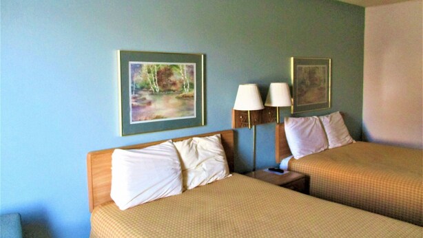 A hotel room with two beds, each with white pillows and a checkered bedspread. There are two framed pictures on the wall, one of a forest scene and another of a landscape. A nightstand with a lamp and a remote control is between the beds. - Marifah Inn (Williamsburg)