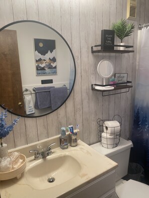 Combined shower/bathtub, hair dryer, towels