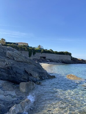 Litoral rochoso com água cristalina, um edifício no topo de um penhasco e uma palmeira.