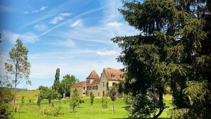 Un grand bâtiment en pierre, surmonté d’un toit rouge, entouré d’un champ verdoyant et luxuriant et d’arbres.
