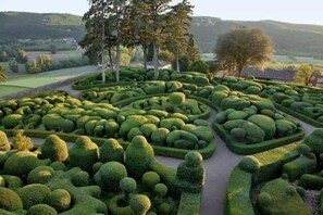 Un jardín cuidadosamente diseñado con patrones geométricos de setos y un sendero central.
