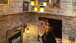 Une pièce avec un mur en briques, un plafond en bois et une cheminée. On y trouve des tableaux encadrés et un luminaire suspendu.