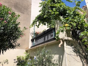 Un coin d’immeuble avec une fenêtre, un jardinier mural orné de fleurs et un arbre aux feuilles vertes.