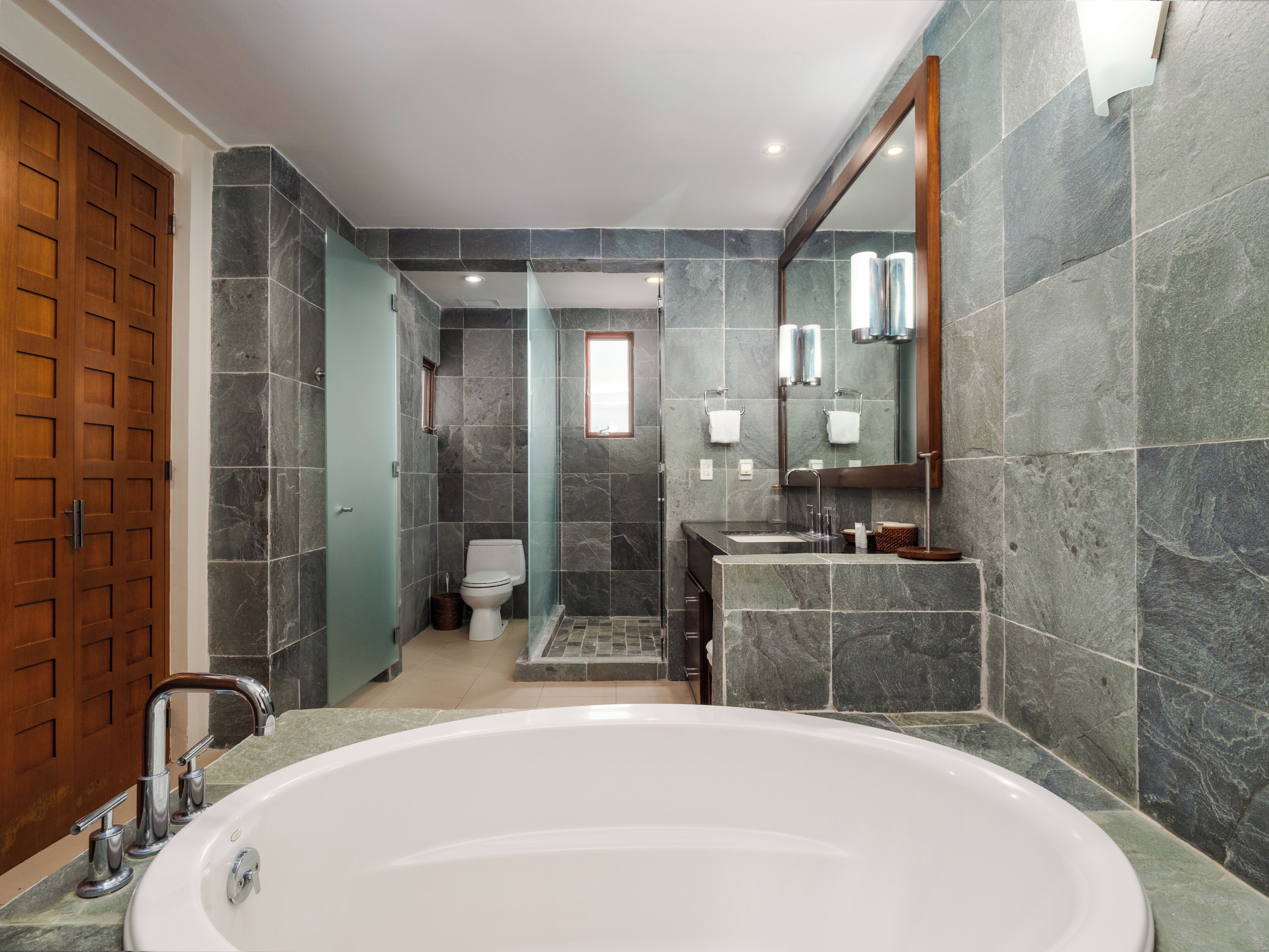 Hair dryer, towels, soap, shampoo