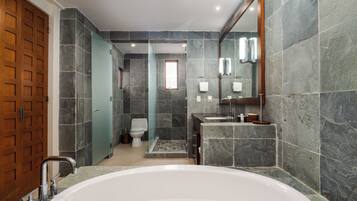 Hair dryer, towels, soap, shampoo
